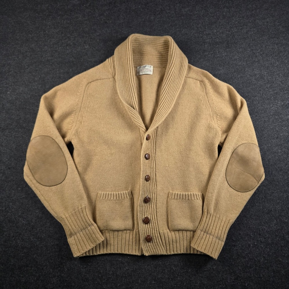 Vintage Lord Jeff Sweater Wool Camel Hair Elbow Patch Cardigan USA 90 Men's M